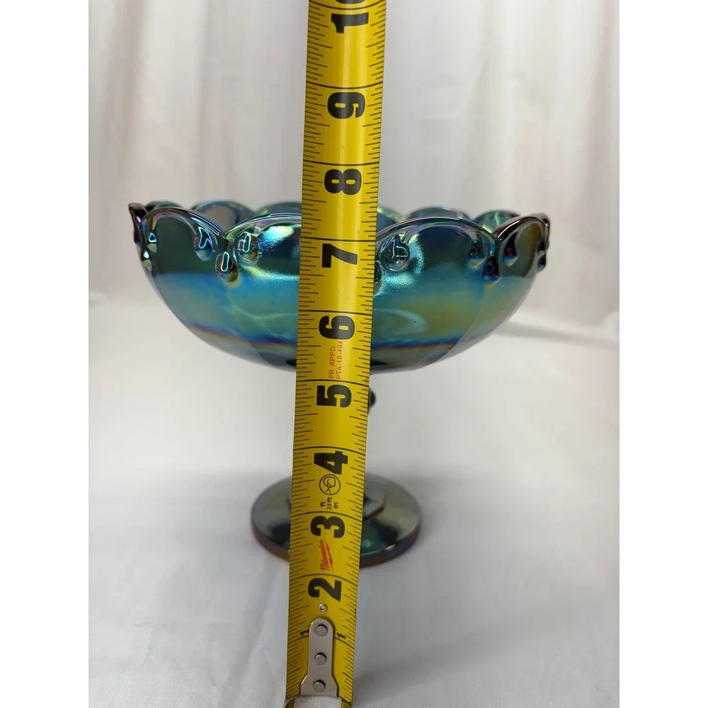 Vtg Iridescent Blue Carnival Glass Compote Scalloped Pedestal Candy Dish 7.25